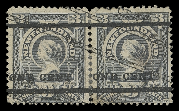 NEWFOUNDLAND  75a,A dramatic unused pair with the double surcharge error; consisting of a normal upright Type A surcharge, plus a shifted impression running diagonally; perf separation strengthened by hinges and small flaw at top right. Very few exist, let alone in a multiple, Fine; ex. Dale-Lichtenstein (Sale 5, May 1969; Lot 106)