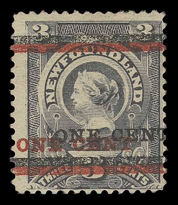 NEWFOUNDLAND  75,Mint single with Type A (SG Type 36) surcharges in black and in red, typical centering for the issue, gum somewhat disturbed and tiny gum thin, still a very scarce trial surcharge, Fine