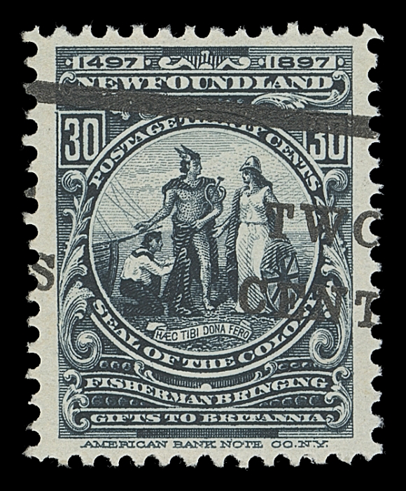 NEWFOUNDLAND  127ii,A choice, well centered mint single displaying a strikingly shifted and slanted "TWO / CENTS" surcharge in black, VF NH