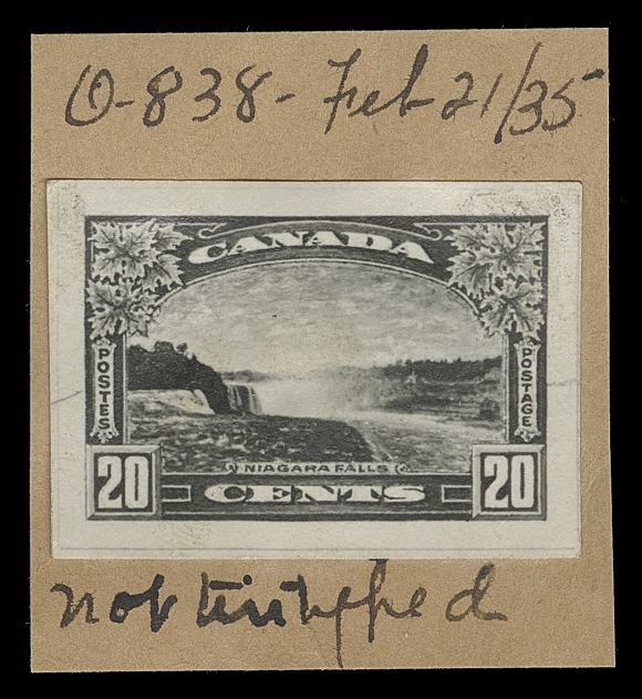 CANADA  225,Photographic essay of the completed design in black on glazed paper, affixed on archival brown card, noted "O-838" and "not tintyped", dated "Feb 21 / 35", VF
