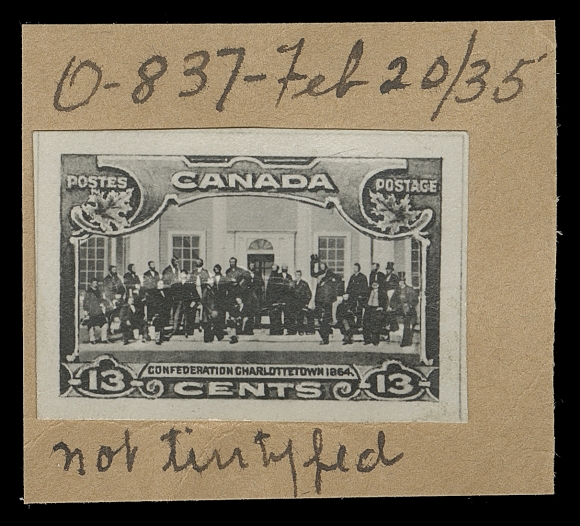 CANADA  224,Photographic essay of the completed design in black on glazed paper, affixed on archival brown card, noted "O-837" and "not tintyped", dated "Feb 20 / 35", VF