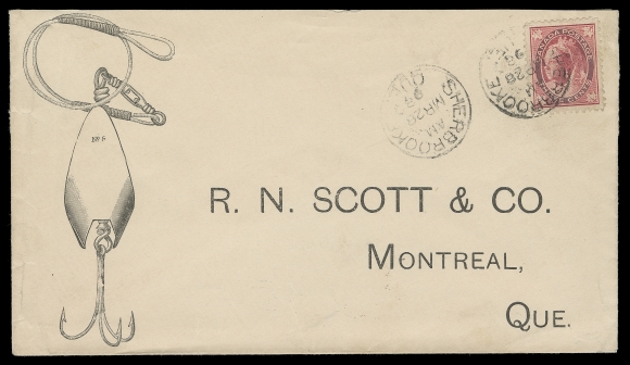 CANADA  69,1898 (March 28) Illustrated self-addressed cover bearing a well centered 3c carmine tied by Sherbrooke, Que CDS postmark, same-day receiver on back, pretty, VF (Unitrade 69)