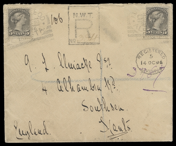 CANADA  United Kingdom,1896 (September 30) Envelope with North West Mounted Police embossed crest in red on backflap, mailed registered from MacLeod, Alberta to Southsea, England, bearing in both upper corners a 5c grey, Ottawa printings perf 12, tied by MacLeod squared circles, also a very scarce boxed "N.W.T. / R / No.___" registration handstamp; paying 5c UPU letter rate + 5c registration to the UK. Additional light squared circles on back and CPRY West of Winnipeg Railway Post Office, Montreal precursor squared circle and Portsmouth transit. A rare and most attractive combination of origin, N.W.T. registration marking and destination, F-VF (Unitrade 42) ex. George Arfken (May 1997; Lot 900)