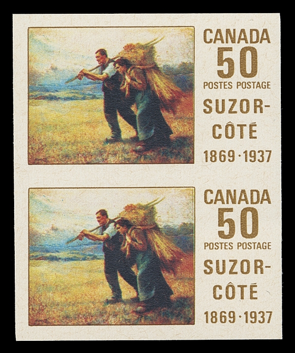 CANADA  492,Set of seven proof pairs including the six different trial colour plate proofs printed on thick white surface paper in yellow, magenta, cyan, brown (inscriptions), orange, complete painting with cyan added, plus the finished proof with inscriptions added, VF and attractive