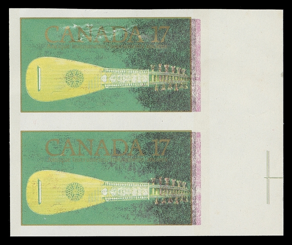 CANADA  878 variety,Mint imperforate pair with brown and most of magenta colour omitted, guideline visible in extended margin at right; a few light wrinkles as usual with this, VF appearance