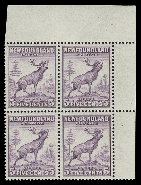 NEWFOUNDLAND  257ix,The emergency printing, a corner margin block without plate number (imprints do not exist on this printing), displaying Perkins Bacon perforation gauge in combination with the distinctive paper of Waterlow & Sons, the design measuring 21mm wide. Well centered with bright fresh colour; very few multiples exist, VF NH (SG 280 £720 as singles) A similar corner block sold in our April 2021 sale for $1,000 hammer.
