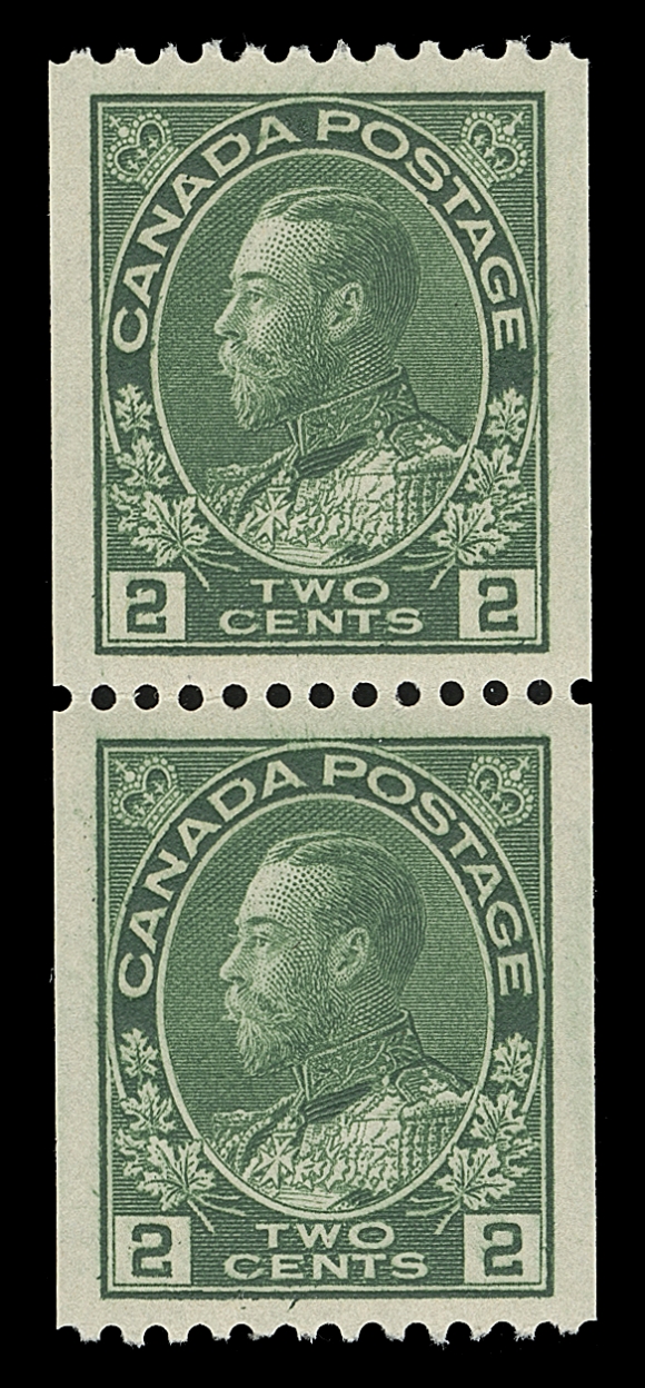 CANADA  133,An exceptional mint coil pair, superbly centered with balanced large margins, lovely deep colour on fresh paper, full immaculate original gum, XF NH; 2021 PSE cert. (Graded XF-Superb 95)