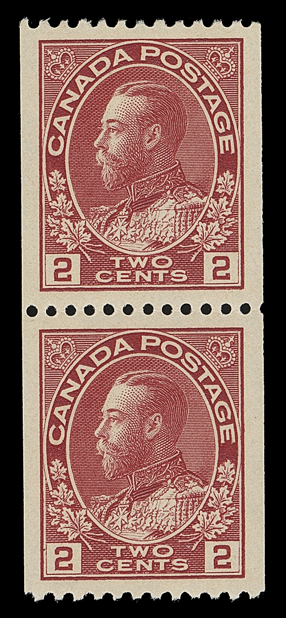 CANADA  132,A remarkable mint coil pair, superb centering, post office fresh colour, full immaculate original gum; it would be a challenge to find a better pair, XF NH; 2021 PSE cert. (Graded XF-Superb 95)