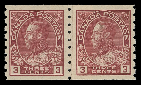 CANADA  130iii,An unusually nice mint paste-up coil pair, full intact perforations, printed in a lovely "warm" shade on fresh paper, shows the faintest trace of hinging, XF VLH