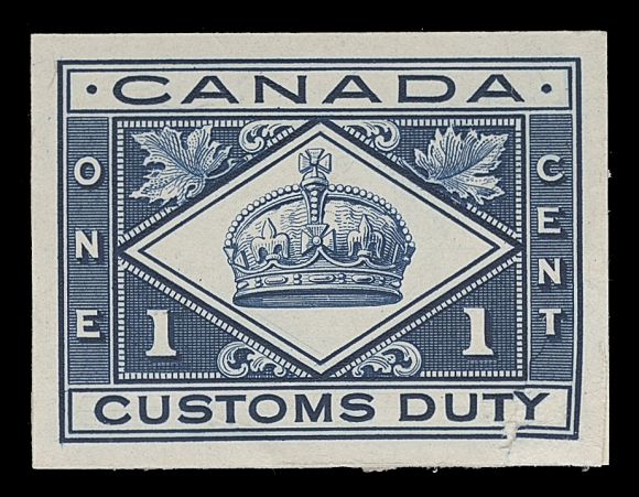 CANADA REVENUES (FEDERAL)  FCD1-FCD3,The set of three trial colour stamp size die proofs in indigo, green and lake respectively, printed on card mounted india paper; the 10c does not exist in proof format, reverse with ABNC Sample Book card adherence; a very scarce trio, VF