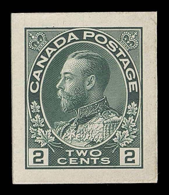 CANADA  107,Small Die Proof on card mounted india paper IN GREEN; not the yellow green  characteristic of all known die proofs, most unusual as such, small shallow card thins, a beautiful proof destined for a serious collection, VF