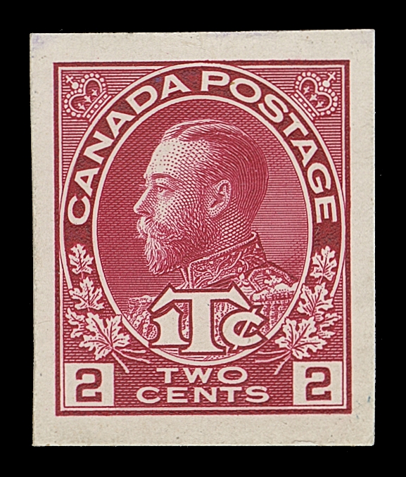 CANADA  MR3a,Die Proof (stamp size) with distinctive bright colour on card mounted india paper, some archival adhesive marks on reverse; an attractive and very scarce War Tax die proof, VF