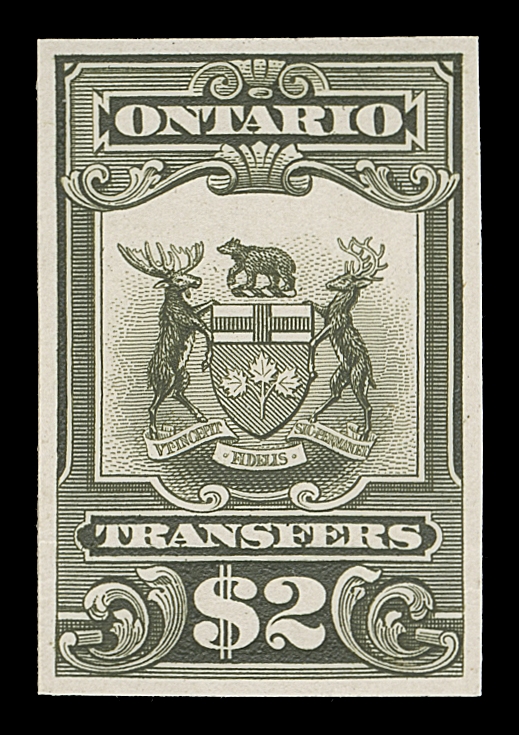 CANADA REVENUES (PROVINCIAL)  OST1/OST14,The original set of seven stamp size die proofs printed in issued colours on card mounted india paper; some degree of faults on backing card from being previously mounting in an ABNC Sample Book, VF; a very scarce set.