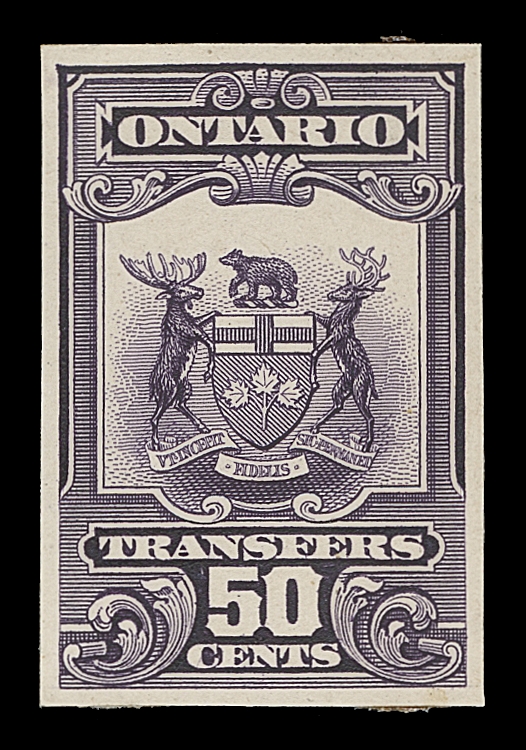 CANADA REVENUES (PROVINCIAL)  OST1/OST14,The original set of seven stamp size die proofs printed in issued colours on card mounted india paper; some degree of faults on backing card from being previously mounting in an ABNC Sample Book, VF; a very scarce set.