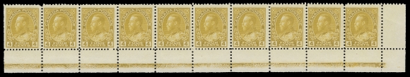 CANADA  110,A mint strip of ten from the lower right pane displaying Type D  Inverted lathework at normal 40% strength; folded perfs at centre and couple nibbed perfs at pos. 91. One of the very few known intact lathework strips, F-VF NH