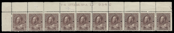 CANADA  116,An impressive mint Plate 12 strip of ten from the upper left pane, some perf separation supported by hinges; three stamps are NH. A rare and Fine plate multiple 
with vibrant colour. (Cat. as stamps alone)