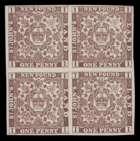 NEWFOUNDLAND  1,A bright fresh mint block with ample to large margins, full original gum, small to faint with left pair NH, VF