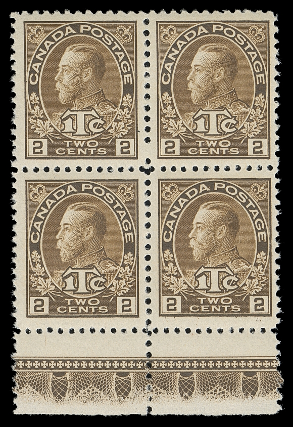 CANADA  MR4i,A nicely centered, post office fresh mint block of four showing Type A lathework (80% strength), shows plate "34" number underneath the lathework on left stamp, full pristine original gum, VF NH