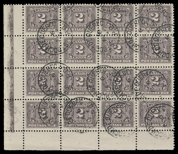CANADA  J2,A remarkable corner margin, CDS cancelled block of sixteen showing the elusive Type D lathework (40% strength) on medium wove paper - considerably scarcer than the normally seen thin paper type; neat St. Roch de Québec postmarks, date indicia somewhat indenting the paper. One of the largest surviving multiples (very few blocks exists), ideal for exhibition, F-VF (Unitrade cat. $9,600)