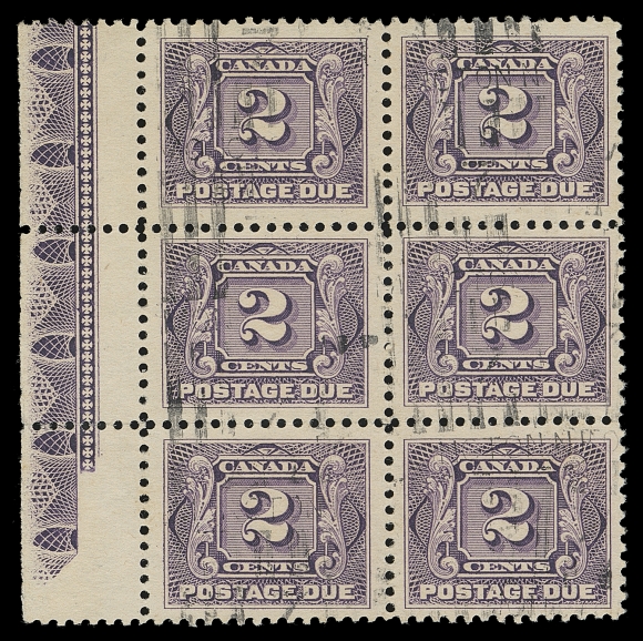 CANADA  J2,A well centered used block of six showing Type A lathework at left, minor perf separation, lightly cancelled by Moncton, NB roller in black. A rare postally used, postage due lathework block in sound condition, VF (Unitrade cat. $6,800)