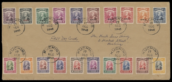 SARAWAK  135-154,1945 (December 17) Legal size buff envelope endorsed "First Day Cover" bearing the complete set of 20 "BMA" overprinted 1c-$10 Sir Charles Brooke, with bright colours and neatly tied by First Day of Issue by Kuching 17 DEC 1945 CDS postmarks, VF (Scott cat. $757 as a used set; SG 126-145 £750)