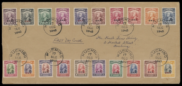 SARAWAK 135-154,1945 (December 17) Legal size buff envelope endorsed "First Day Cover" bearing the complete set of 20 "BMA" overprinted 1c-$10 Sir Charles Brooke, with bright colours and neatly tied by First Day of Issue by Kuching 17 DEC 1945 CDS postmarks, VF (Scott cat. $757 as a used set; SG 126-145 £750)