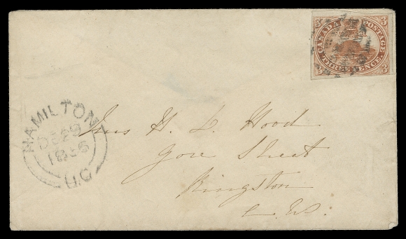 CANADA  1856 (December 29) Small cover from Hamilton to Kingston bearing a 3p orange red on medium wove, tiny tear at left but clear to large margins and tied by unusual segmented cork from Hamilton with double arc dispatch at left; partially clear Kingston DE 30 receiver on back. A striking item ranking among the earliest known usages of a cork cancellation in Canada, VF (Unitrade 4ii)