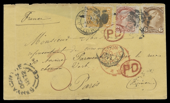 CANADA  France,1872 (October 24) Yellow cover from St. Hyacinthe to Paris, France, neat three-colour franking of First Ottawa 1c orange, 3c rose and 6c yellow brown, partially legible "Leaf" fancy cancels, double arc dispatch left, red London PAID 4 NO, one of two oval "PD" and Calais transit ties stamps, Paris 6 NOV receiver; edge wear at foot, couple light vertical folds and backflap missing, still an attractive, correctly paid ten cent pre-UPU cover to France, Fine+ (Unitrade 35ii, 37a, 39 early printing) ex. George Arfken (May 1997; Lot 1065)