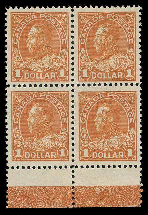CANADA  122,An attractive mint block with fabulous deep colour and showing superb, full strength Type D lathework, nicely centered, very lightly hinged on top right stamp, otherwise NH, Very Fine