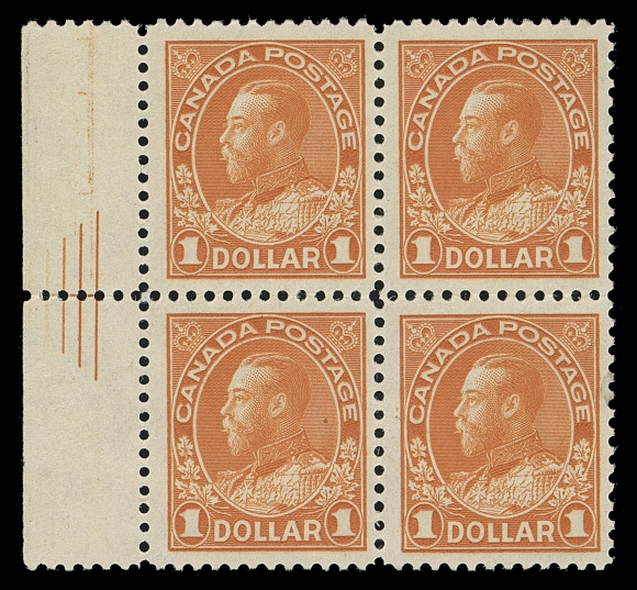CANADA  122iii,A post office fresh, well centered mint block of four showing Pyramid Guide in the left margin, printed in an exceptionally bright shade and possessing full pristine original gum; rarely encountered in such selected quality, VF NH