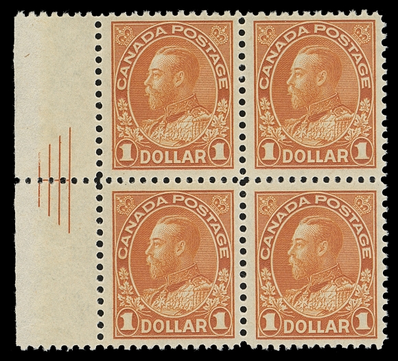 CANADA  122b, iii,A spectacular mint block displaying the deeper shade and bold impression associated with this elusive first printing, displaying in left sheet margin Pyramid Guidelines, full original gum lightly hinged at centre. Virtually all known Pyramid Guide blocks of the $1 Admiral are the later dry printing - THIS IS THE ONLY WET PRINTING BLOCK we recall seeing, quite possibly unique. A great block perfect for a serious collection, VF LH

Provenance: Fred Goodhelpsen. R. Lee, June 2004; Lot 2338
                   John Smallman, Eastern Auctions, February 2018; Lot 30

Catalogue value is irrelevant as it reflects the standard Dry Printing printing. 