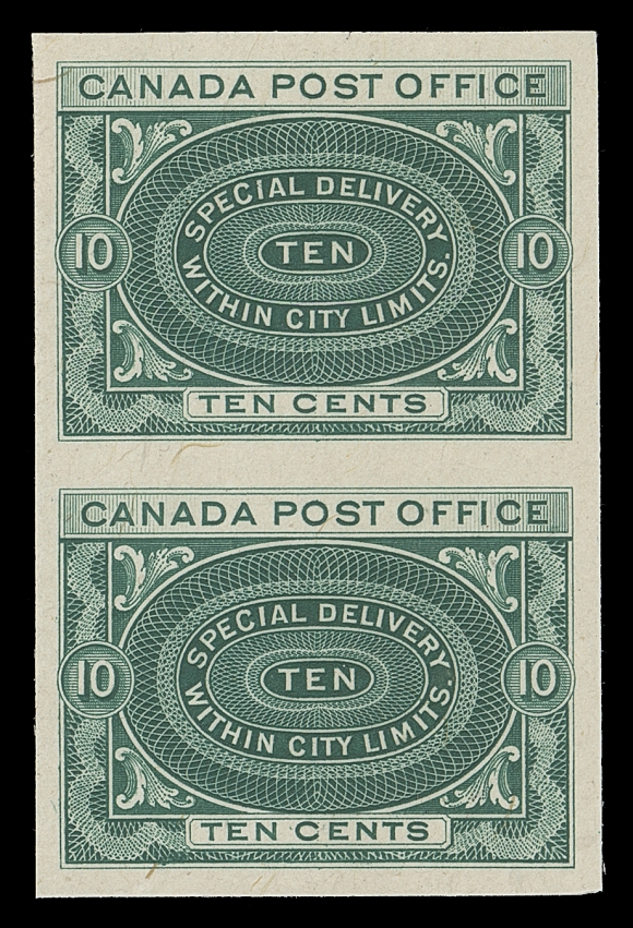 CANADA  E1,A selected plate proof pair printed in the original issued colour on card mounted india paper. Very scarce - only 73 examples exist, XF