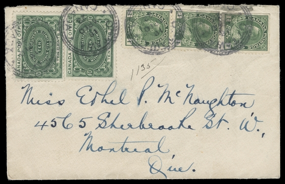 CANADA  Two covers mailed from Ottawa to Montreal: 1920 (December 17) 3c brown and 10c green (no shading variety E1ii) tied by three-ring dispatch, mailed when 10c special delivery rate was in effect (until late July 1921); then 1922 (April 10) 1c green Admiral strip of three alongside two single 10c green special delivery tied by similar three-ring dispatch datestamps, less than a year special delivery rate had been increased from 10c to 20c. The new E2 stamp was not released until August 21, 1922. An appealing duo, VF (Unitrade E1a, E1ii)