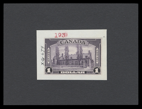 CANADA  231-236, 241-245, 241a,American Bank Note Co. stamp size die proofs individually affixed to ABN ledger pieces affixed to larger black cards, showing respective manuscript die number at left; except the 13c with year date "1938" typewritten above. Certainly a one-of-a-kind set ideal for exhibition, VF