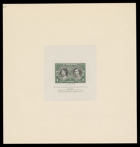 CANADA  246-248,Set of three Large Die Proofs in issued colours on india paper 47-58 x 60-68mm, die sunk on large cards 140-148 x 154mm, each showing two die numbers and imprints in their respective colours; inconsequential scuff on 3c card; a very attractive set, only a handful exists, VF