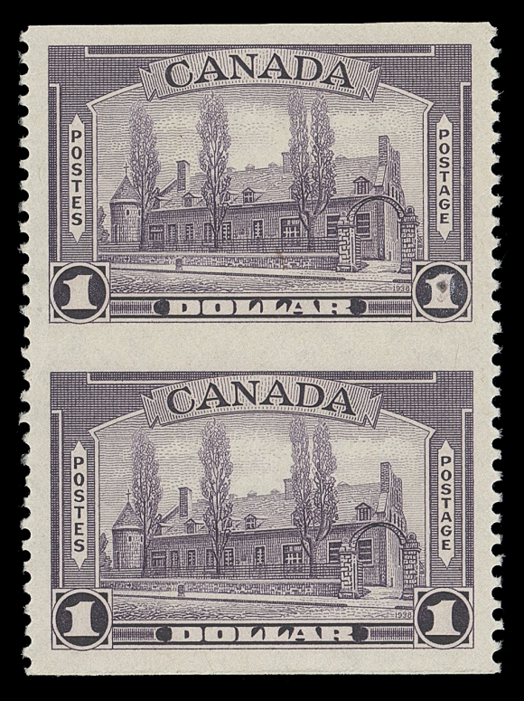 CANADA  245a,A very well centered mint vertical pair imperforate horizontally, the rare perforation error originating from the unique sheet,  characteristic aniline ink; natural inclusion in top stamp. A  very scarce and desirable KGVI era item, VF LH

The unique pane of 50 was first divided into two halves;  subsequently into a plate block of six, 12 pairs, 6 strips of  three and two singles.