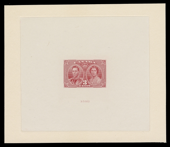 CANADA  237,Large Die Proof printed in a rose red shade, different from the issued carmine shade, on india paper 101 x 89mm on slightly larger card; showing die "XG-663" number only, unusual; a beautiful proof, XF