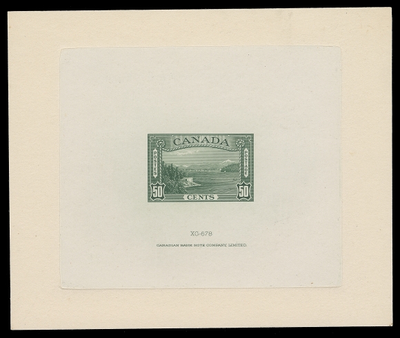 CANADA  244,Large Die Proof printed in green, issued colour, on india paper 88 x 75mm, die sunk on larger card 120 x 100mm; the hardened die with die "XG-678" number and CBN imprint; minor adhesive marks on reverse only, a beautiful and scarce proof, VF