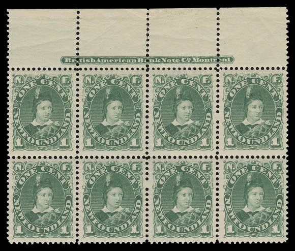 NEWFOUNDLAND  45,An unusually choice, well centered mint plate block of eight, full BABN plate imprint, a few split perfs, VF NH