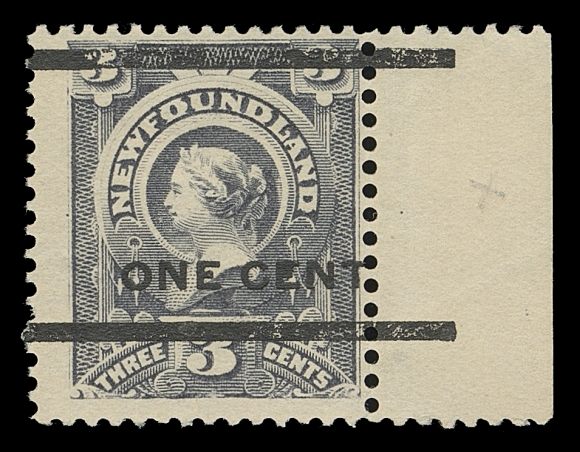 NEWFOUNDLAND  77,A right margin mint single of the sought-after surcharge type - Pos. 50 in the setting of 50, typical Fine+ centering OG