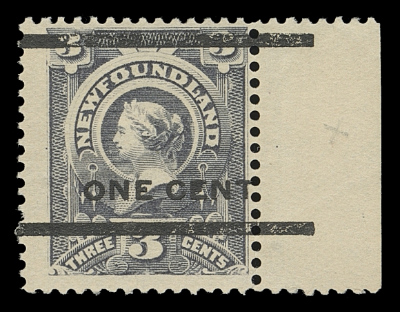 NEWFOUNDLAND 77,A right margin mint single of the sought-after surcharge type - Pos. 50 in the setting of 50, typical Fine+ centering OG