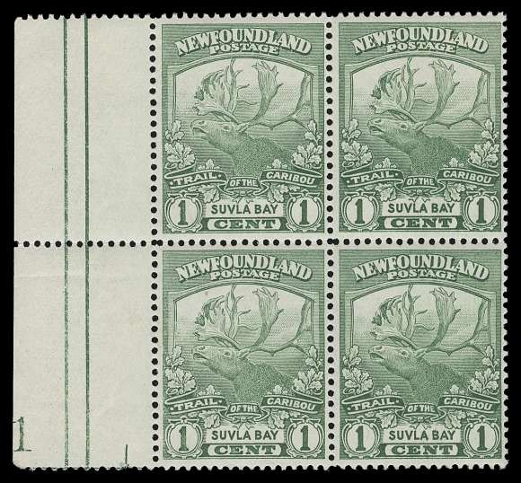 NEWFOUNDLAND  115,A well centered mint block with complete plate "1" in left margin (from left pane). Exceedingly rare, VF LH (Walsh 107b $1,450)Allegedly only one other plate 1 block is known to exist on the One cent (as described in the Walsh exhibit). Although centered is a bit better than this one offered here, the plate number is noticeably trimmed.