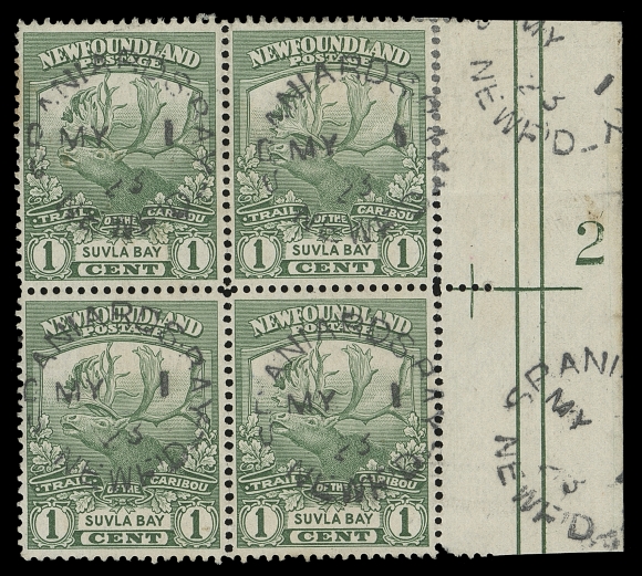 NEWFOUNDLAND  115,A visually striking used plate block of four, nicely centered with full plate "2" in margin (from right pane), a few split perfs strengthened by hinge, each stamp with centrally struck Spaniard