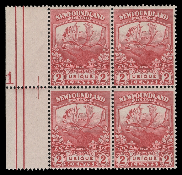 NEWFOUNDLAND  116b,A fresh mint plate block of four showing complete plate "1" in left margin, very scarce, F-VF H (Walsh 108b $770)