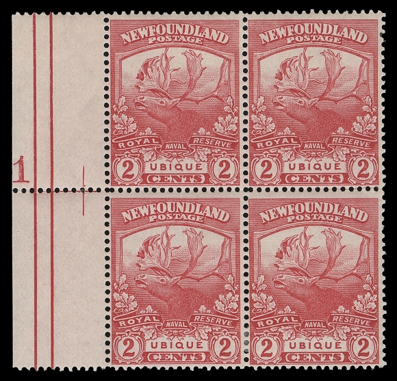 NEWFOUNDLAND 116b,A fresh mint plate block of four showing complete plate "1" in left margin, very scarce, F-VF H (Walsh 108b $770)