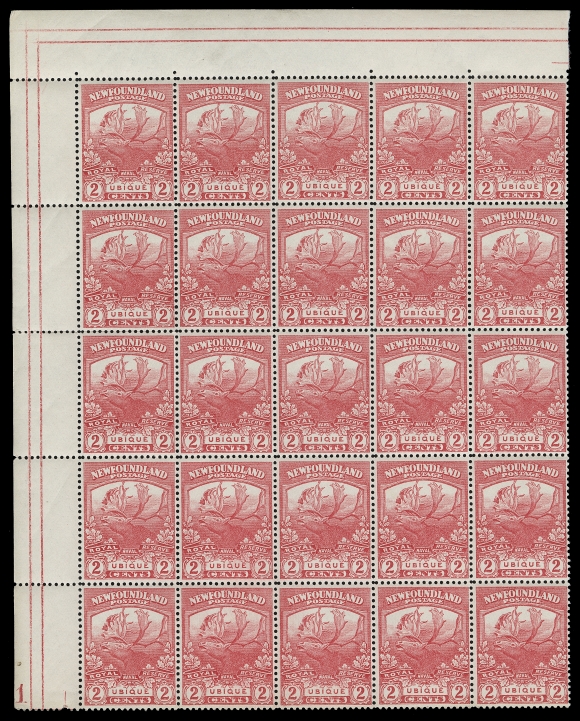 NEWFOUNDLAND  116,An impressive top left block of 25 (from left pane) showing complete plate "1" at lower left (next to Pos.41), unusually well centered; a rare plate block, especially so in a large multiple, VF NH (Walsh 108b $770+ for a hinged block of four)