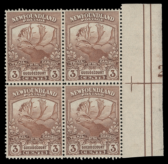 NEWFOUNDLAND  117,A bright, fresh and unusually well centered mint block showing the rare plate "2" in right margin; only a few exist, VF LH (Walsh 109e $780)