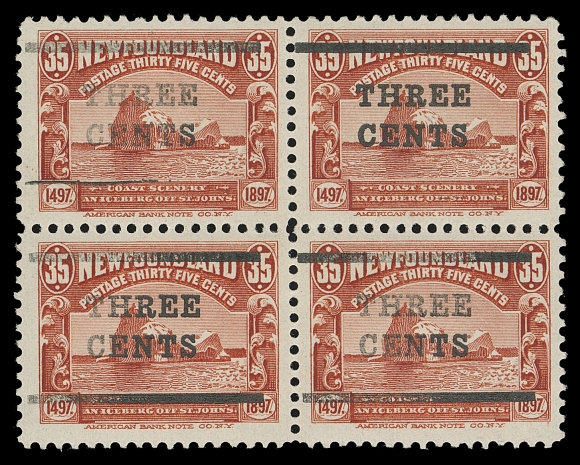 NEWFOUNDLAND  130a,A well centered mint block with dramatic underinking, lower bar is completely omitted on top right stamp and nearly missing on top left (Pos. 14 & 15 respectively). We do not recall seeing such an underinked surcharge, VF LH, most striking