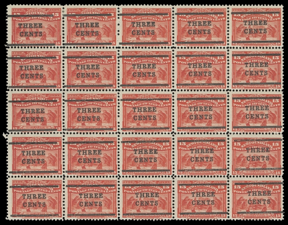 NEWFOUNDLAND  127/130, 160,Three different sheets (complete settings) of 25 stamps each: 2c on 30c (#127) including "O" of TWO over "S" of CENTS" variety on first four stamps in second column, another pane of 25 with surcharge slightly slanting (ascending) catalogued as normal, both panes VF NH; 3c on 15c Type II including raised "E" in THREE (Pos. 24); and 3c on 35c, both panes with 16 stamps NH, VF; and a Fine NH 1929 3c on 6c grey black surcharge in red pane of 25. (Unitrade cat. $ 2,550)