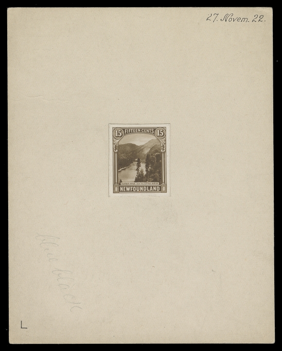 NEWFOUNDLAND 142,Photographic essay in sepia on unsurfaced white paper, stamp size and affixed to very thick card 90 x 113mm, annotated "27 Novem. 22" at top right and lightened penciled "blue black" visible at bottom left. Certainly a one-of-a-kind item, VF